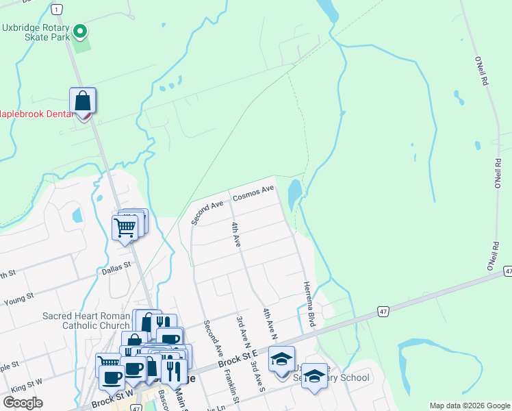 map of restaurants, bars, coffee shops, grocery stores, and more near 65 Russell Barton Lane in Uxbridge
