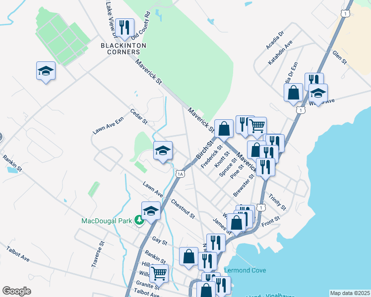 map of restaurants, bars, coffee shops, grocery stores, and more near 116 Cedar Street in Rockland