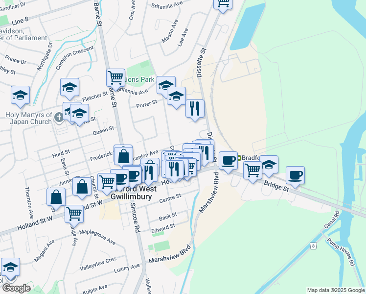 map of restaurants, bars, coffee shops, grocery stores, and more near 157 Holland Street East in Bradford West Gwillimbury