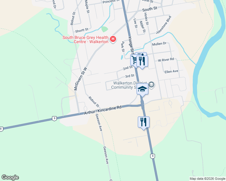 map of restaurants, bars, coffee shops, grocery stores, and more near 113 4th Street in Walkerton