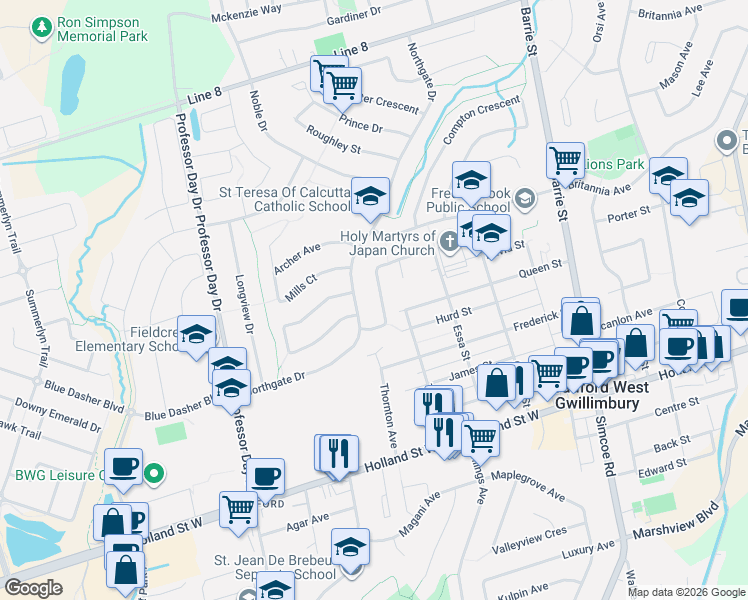 map of restaurants, bars, coffee shops, grocery stores, and more near 16 Fox Run Lane in Bradford West Gwillimbury