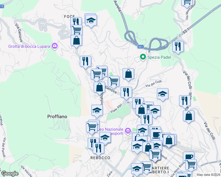 map of restaurants, bars, coffee shops, grocery stores, and more near 8 Via G. Emanuele Castrucci in La Spezia