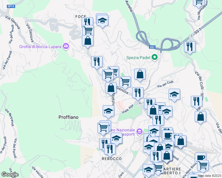 map of restaurants, bars, coffee shops, grocery stores, and more near 142 Via Genova in La Spezia