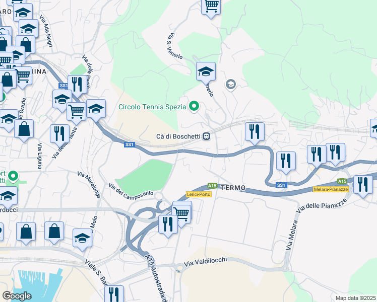 map of restaurants, bars, coffee shops, grocery stores, and more near 1 Via Corticola in La Spezia
