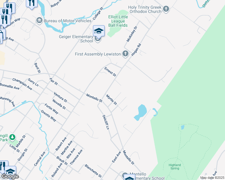 map of restaurants, bars, coffee shops, grocery stores, and more near 29 Hogan Road in Lewiston