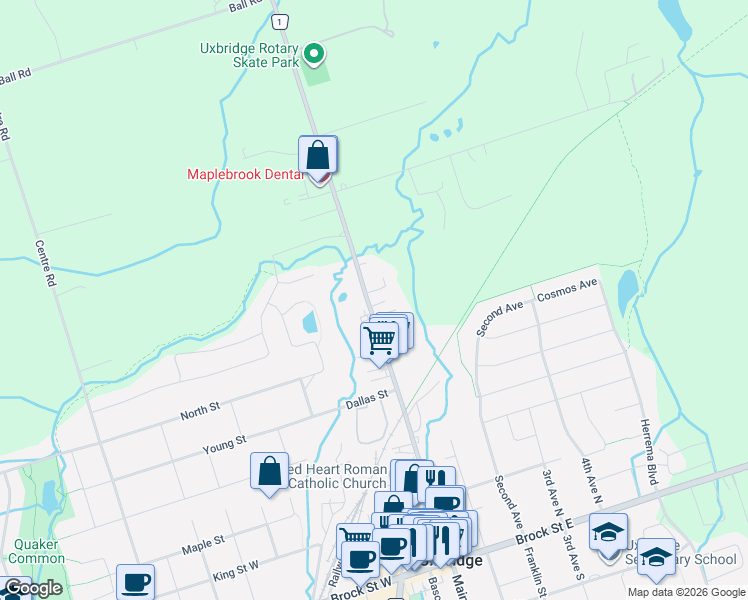 map of restaurants, bars, coffee shops, grocery stores, and more near 1 Michael Cummings Court in Uxbridge
