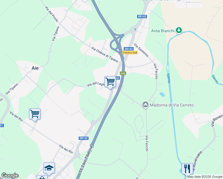 map of restaurants, bars, coffee shops, grocery stores, and more near 928 Via Vic. le del Laghetto in Cesena