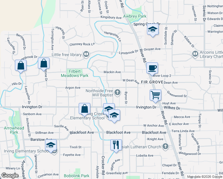 map of restaurants, bars, coffee shops, grocery stores, and more near 3698 Revell Street in Eugene