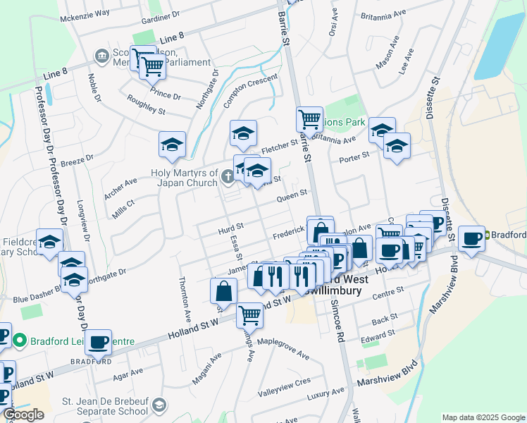 map of restaurants, bars, coffee shops, grocery stores, and more near 145 Church Street in Bradford West Gwillimbury