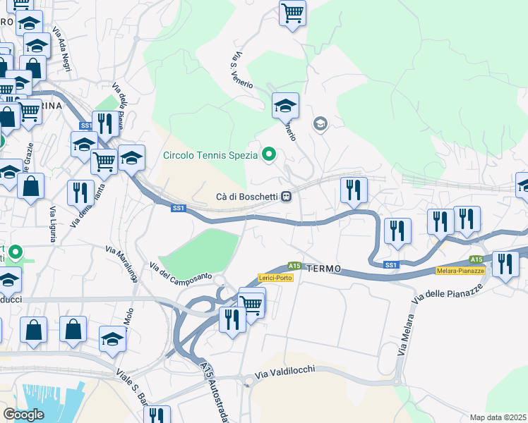 map of restaurants, bars, coffee shops, grocery stores, and more near 1 Via Corticola in La Spezia