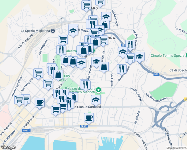 map of restaurants, bars, coffee shops, grocery stores, and more near Via Palmaria in La Spezia