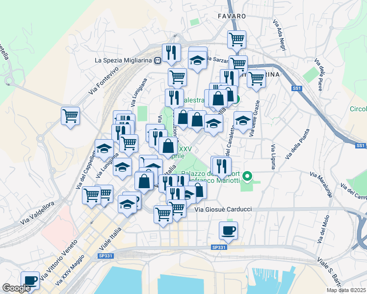 map of restaurants, bars, coffee shops, grocery stores, and more near 300 Viale Italia in La Spezia