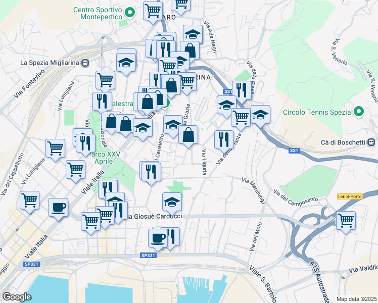 map of restaurants, bars, coffee shops, grocery stores, and more near 34 Via Bragarina in La Spezia
