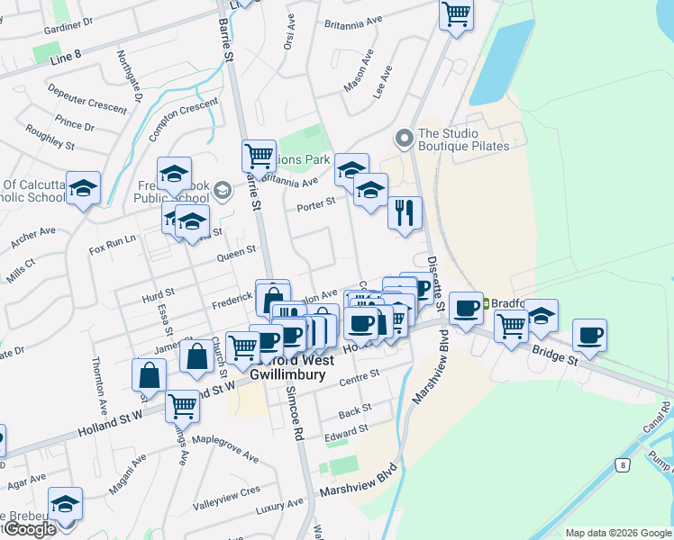 map of restaurants, bars, coffee shops, grocery stores, and more near 36 Cambridge Crescent in Bradford West Gwillimbury