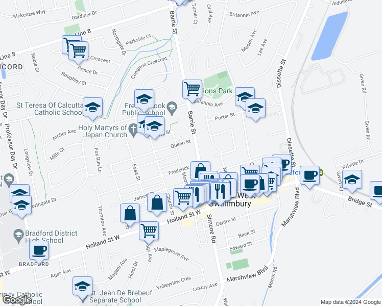 map of restaurants, bars, coffee shops, grocery stores, and more near in Bradford West Gwillimbury
