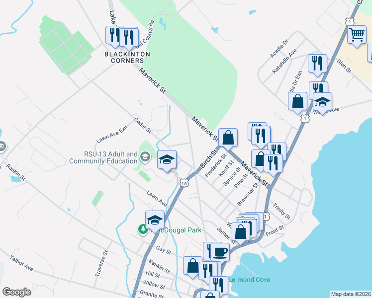 map of restaurants, bars, coffee shops, grocery stores, and more near 18 Simmons Street in Rockland