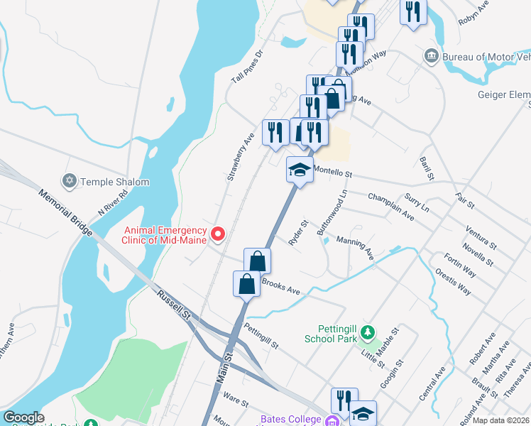 map of restaurants, bars, coffee shops, grocery stores, and more near 632 Main Street in Lewiston