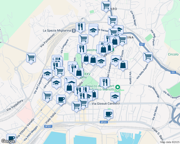 map of restaurants, bars, coffee shops, grocery stores, and more near 300 Viale Italia in La Spezia