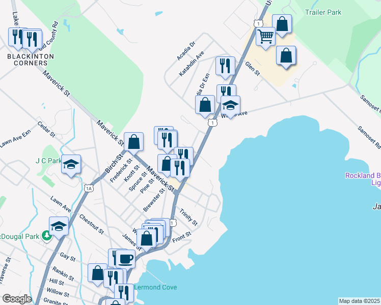 map of restaurants, bars, coffee shops, grocery stores, and more near 104 Camden Street in Rockland