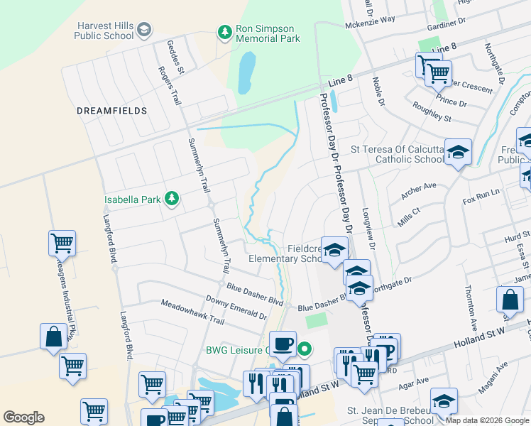 map of restaurants, bars, coffee shops, grocery stores, and more near 62 Waterton Way in Bradford West Gwillimbury