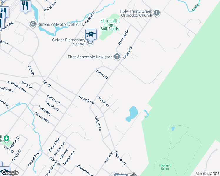 map of restaurants, bars, coffee shops, grocery stores, and more near 29 Hogan Road in Lewiston