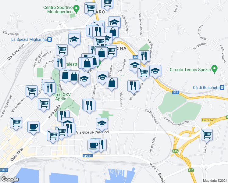 map of restaurants, bars, coffee shops, grocery stores, and more near 34 Via Bragarina in La Spezia