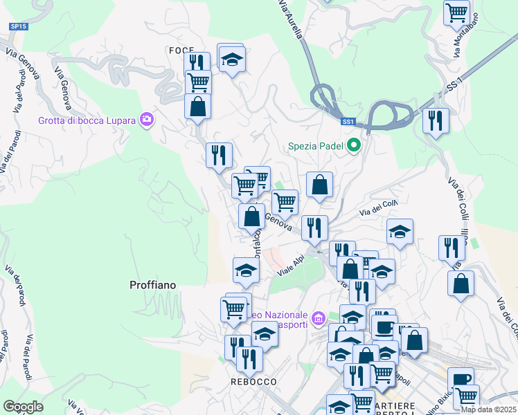 map of restaurants, bars, coffee shops, grocery stores, and more near 142 Via Genova in La Spezia