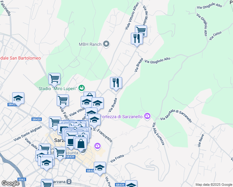 map of restaurants, bars, coffee shops, grocery stores, and more near 5 Via Bradia in Sarzana