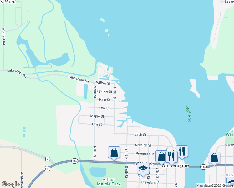 map of restaurants, bars, coffee shops, grocery stores, and more near 725 N 7th St in Winneconne