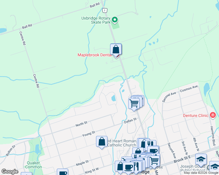 map of restaurants, bars, coffee shops, grocery stores, and more near 7 Os James Hunt Court in Uxbridge
