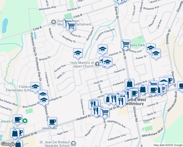 map of restaurants, bars, coffee shops, grocery stores, and more near 4 Carrington Place in Bradford West Gwillimbury