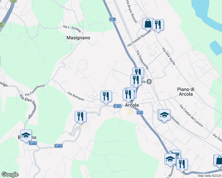 map of restaurants, bars, coffee shops, grocery stores, and more near 24 Via Morucciola in Arcola