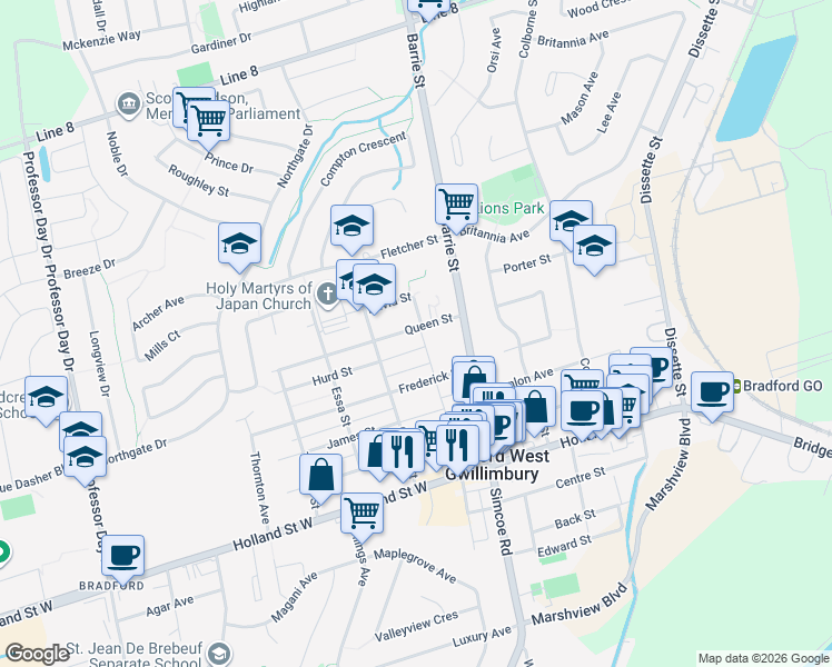 map of restaurants, bars, coffee shops, grocery stores, and more near 46 Queen Street in Bradford West Gwillimbury