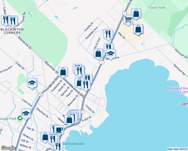map of restaurants, bars, coffee shops, grocery stores, and more near 104 Camden Street in Rockland