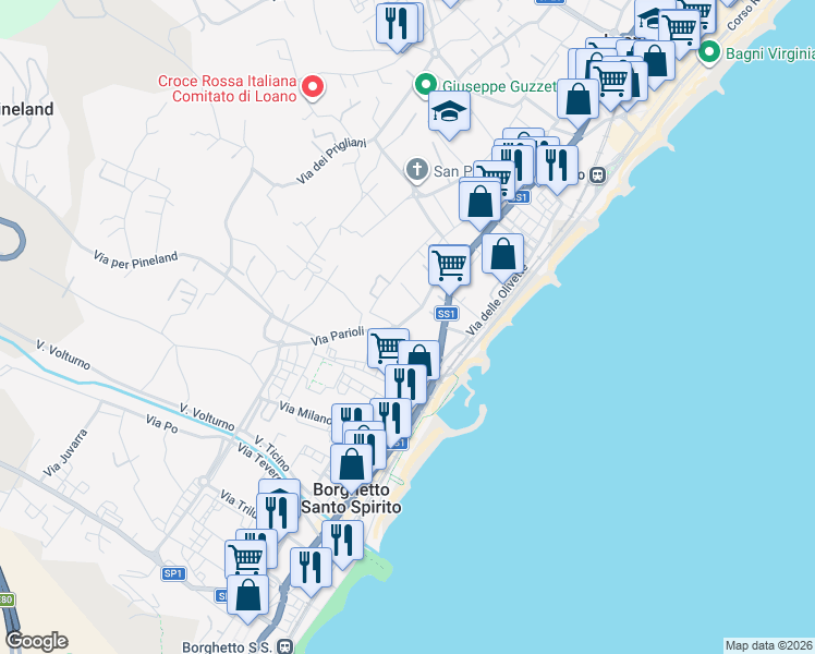 map of restaurants, bars, coffee shops, grocery stores, and more near 91 Via dei Pontassi in Loano