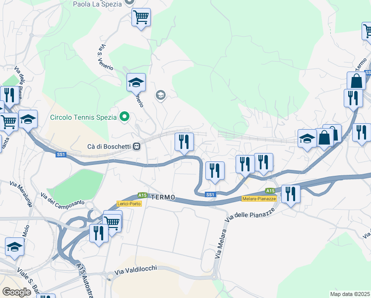 map of restaurants, bars, coffee shops, grocery stores, and more near 3 Via delle Ginestre in La Spezia