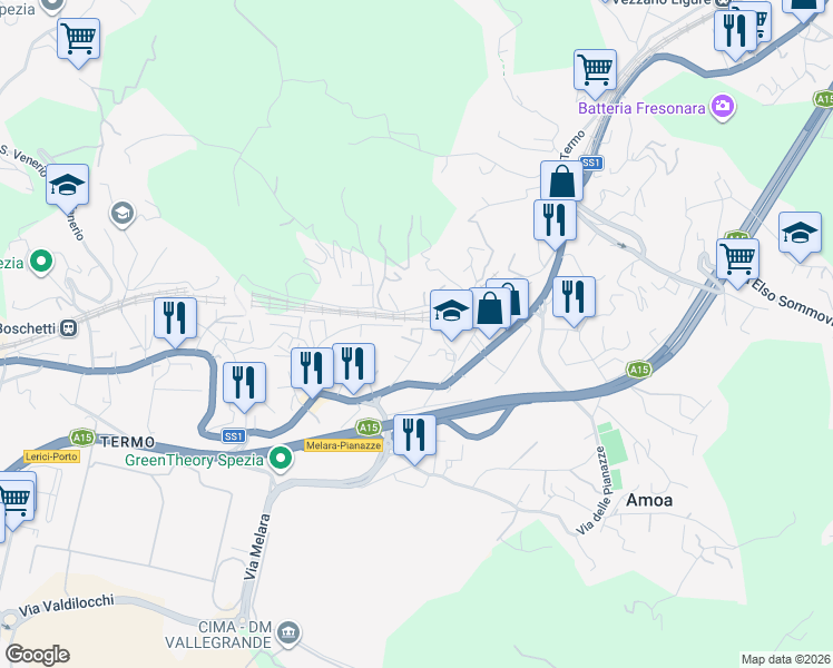 map of restaurants, bars, coffee shops, grocery stores, and more near 19 Via Pontegrande in La Spezia