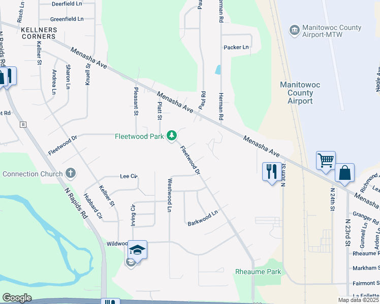 map of restaurants, bars, coffee shops, grocery stores, and more near 3511 Foxfire Court in Manitowoc