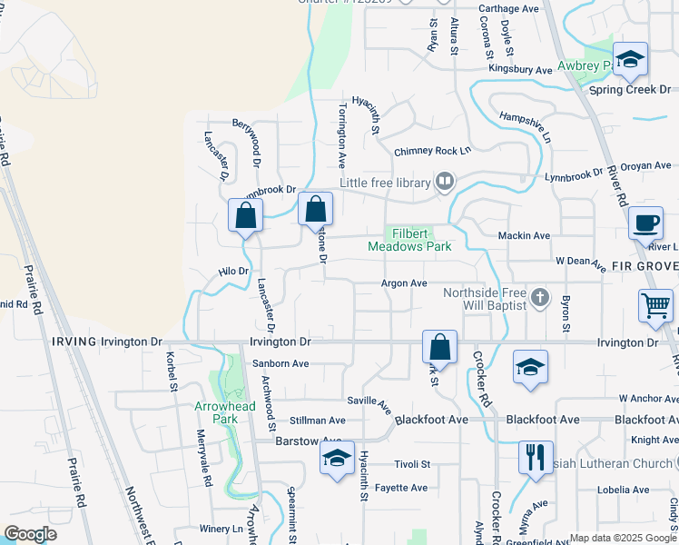map of restaurants, bars, coffee shops, grocery stores, and more near 1049 Argon Avenue in Eugene