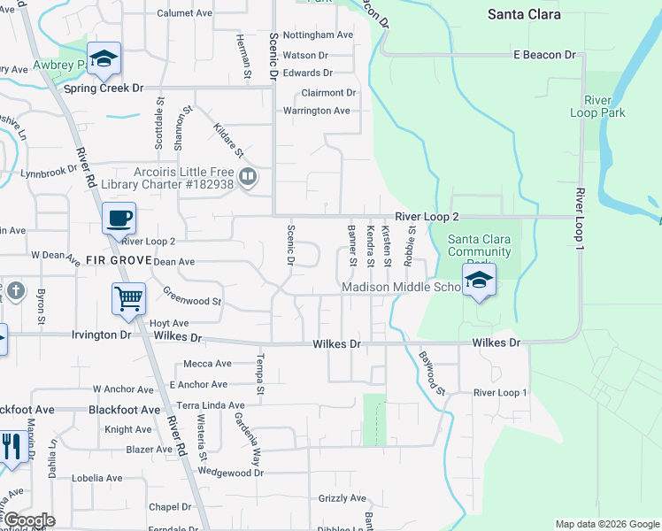 map of restaurants, bars, coffee shops, grocery stores, and more near 3778 Alladin Way in Eugene