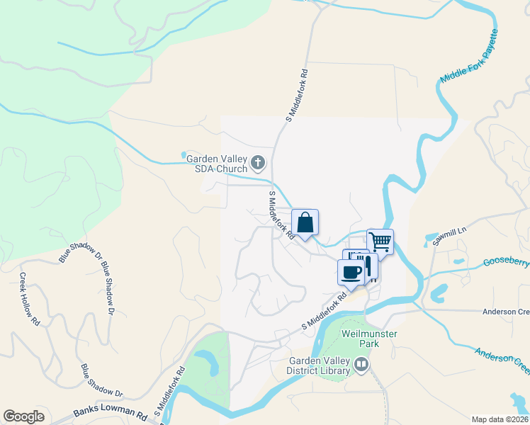 map of restaurants, bars, coffee shops, grocery stores, and more near 53 West Castle Creek Road in Garden Valley