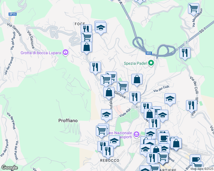 map of restaurants, bars, coffee shops, grocery stores, and more near 15 Via San Bernardo in La Spezia