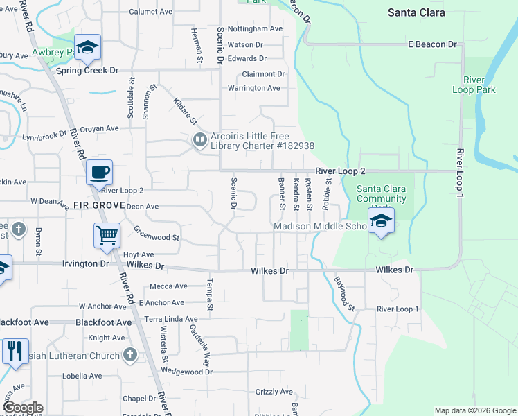 map of restaurants, bars, coffee shops, grocery stores, and more near 3778 Alladin Way in Eugene