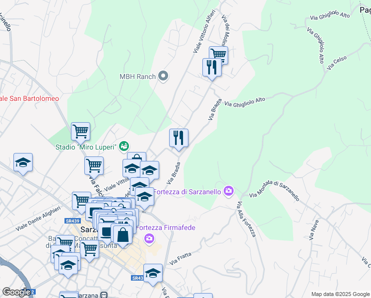 map of restaurants, bars, coffee shops, grocery stores, and more near 5 Via Bradia in Sarzana