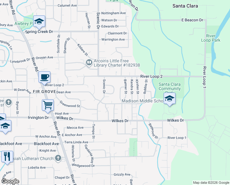 map of restaurants, bars, coffee shops, grocery stores, and more near 3778 Alladin Way in Eugene