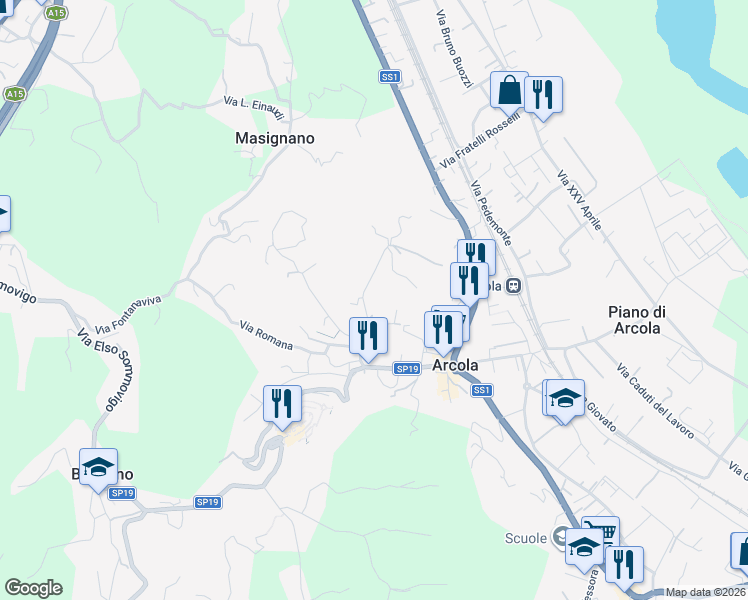 map of restaurants, bars, coffee shops, grocery stores, and more near 24 Via Morucciola in Arcola