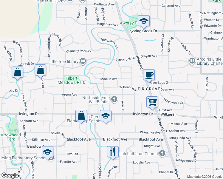 map of restaurants, bars, coffee shops, grocery stores, and more near 256 West Dean Avenue in Eugene