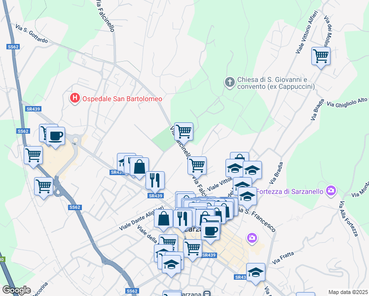 map of restaurants, bars, coffee shops, grocery stores, and more near 48 Via Falcinello in Sarzana