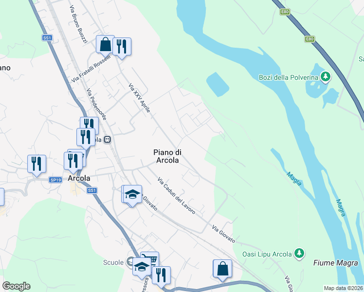 map of restaurants, bars, coffee shops, grocery stores, and more near 13 Via XXV Aprile in Piano di Arcola