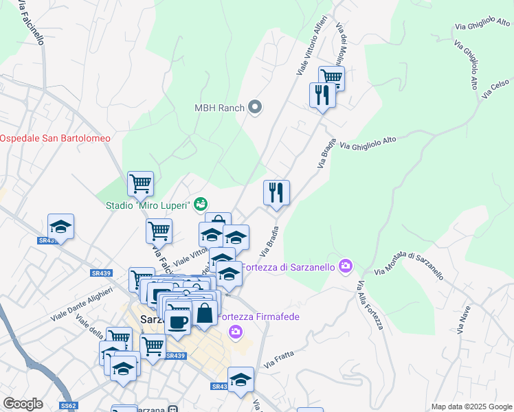 map of restaurants, bars, coffee shops, grocery stores, and more near 101 Via dei Molini in Sarzana